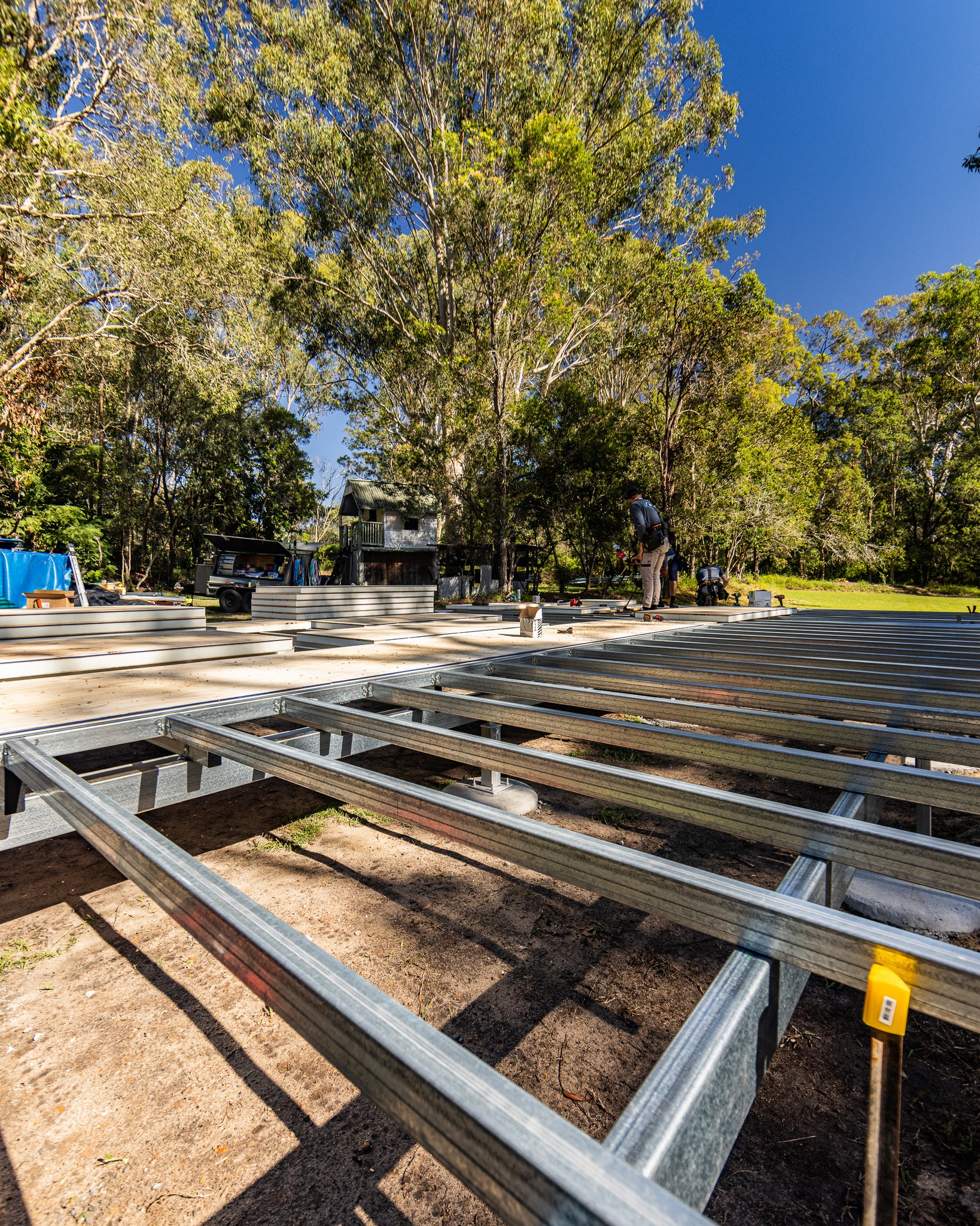 Ventilated void beneath a suspended floor, steel joists on piers with Platinum "R" Floor insulated panels partly laid
